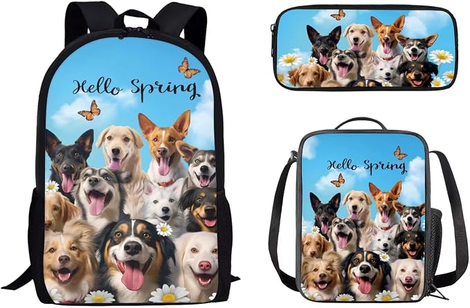 Mumeson Spring Puppy Backpack School Bag Large Capacity Book Storage Bags Daypack Casual Lightweight Satchel with Insulated Thermal Lunch Handbag Crossbody Bag and Pencase by Mumeson