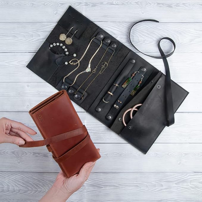 Jewelry Leather Organizer. Mothers Day Leather Organizer. Jewelry Roll. Jewelry Holder. Travel Jewelry Case. Birthday, ChristmasGift. (Black) by STAMESKYleatherwoodcraft