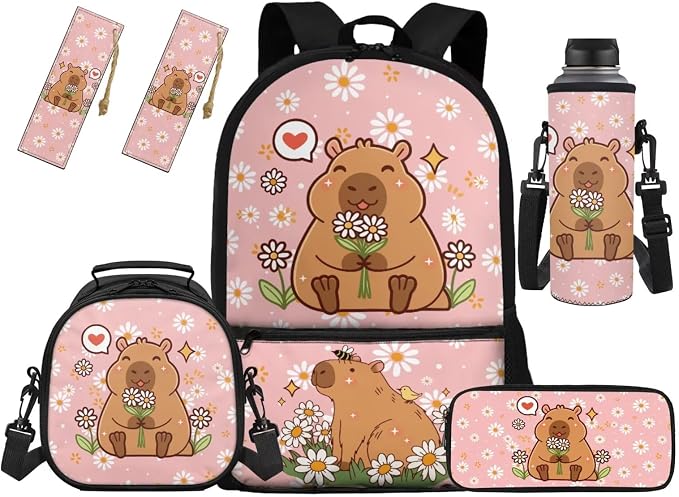 Capybara Backpack for Girls Elementary School Bag 5 in 1 Bookbag Set with Lunch Box Pencil Case Water Bottle Sleeve Bookmark for Teen Boys School Bookbag Camping,Daisy by Unknown