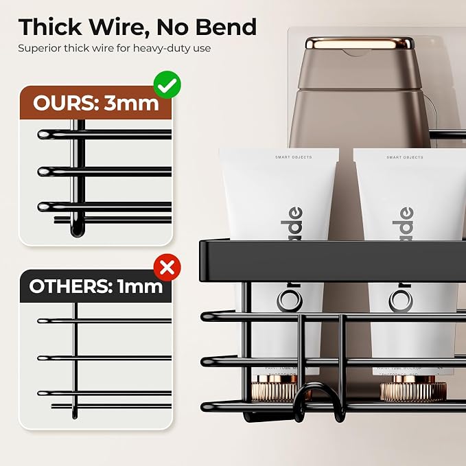 Orimade Adhesive Shower Caddy Soap Dish Holder Shelf with 5 Hooks Bathroom Organizer Basket Kitchen Storage Rack Wall Mounted No Drilling Stainless Steel - 3 Pack, Black - Image 3