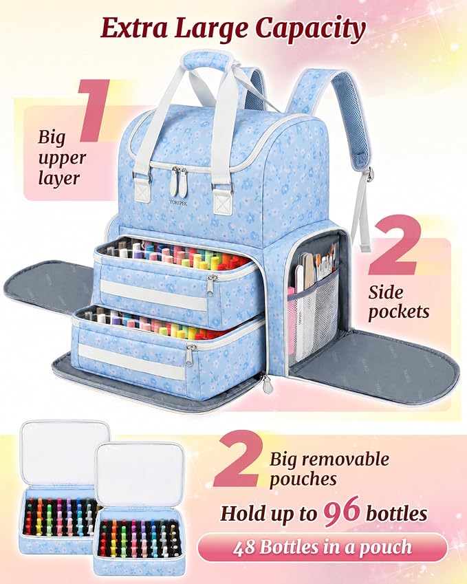 YOREPEK Nail Polish Backpack for Manicurist, Holds 96 to 100+ Bottles | Gel Nail Kit Bag for Manicurist Nail Polish, Blue Floral Backpack Nail Supplies Storage for Nail Art & Nail Tech, Sky Blossom - Image 2