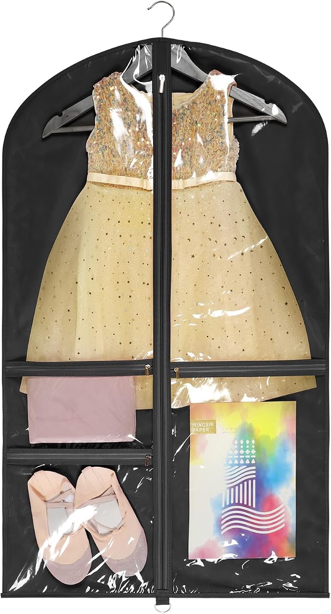 Univivi Dance Costume Bags Garment Bag 40 Inch Hanging Clothes for Dance Competitions, with 3 Medium Clear Zipper Pockets for Dance Costumes, Closet Storage(Clear Black) by Univivi