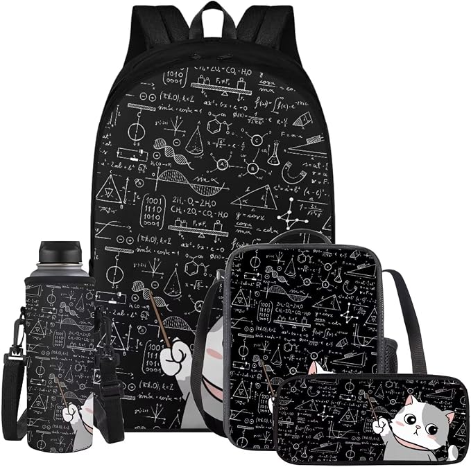 Cat Backpack for School Girls Backpack with Lunch Box Water Bottle Carrier with Strap and Kawaii Pencil Case 4 in 1 Cute Bookbag with Compartments 17 inch Large Elementary School Bag for Kids by ELEDIZI