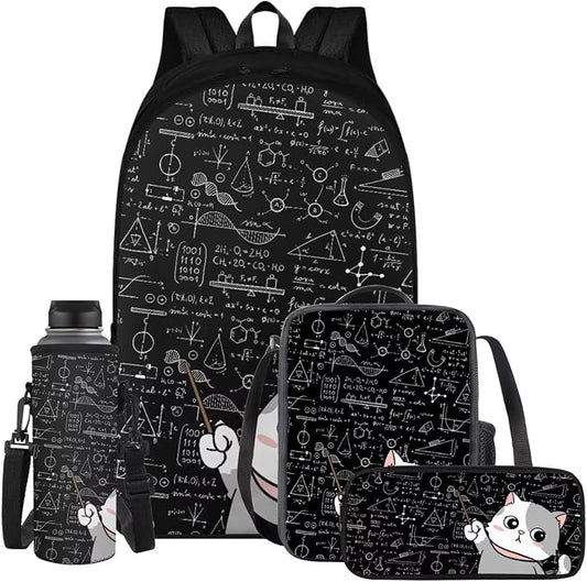 Cat Backpack for School Girls Backpack with Lunch Box Water Bottle Carrier with Strap and Kawaii Pencil Case 4 in 1 Cute Bookbag with Compartments 17 inch Large Elementary School Bag for Kids by ELEDIZI