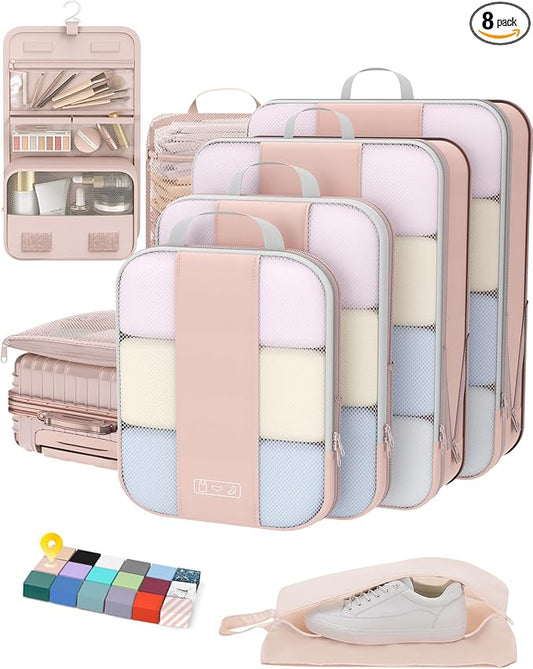 OlarHike 8 Set Compression Packing Cubes for Travel Gifts Mom Women,Airplane/Cruise/Car Travel Essentials,Compressible Expandable Space Saver Bags,Garment Bags with Over 1000 pcs Mesh Holes(Beige) by OlarHike