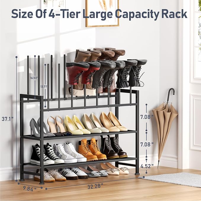 DIMJ Free Standing Shoe Racks - 4-Tier Boot Rack, Black Metal Boot Storage Organizer Tall Boots Organizer for Closet, Multiuse Shoe Rack for Boots, Sneakers,Fit for 6 Pairs Boots, Black - Image 2