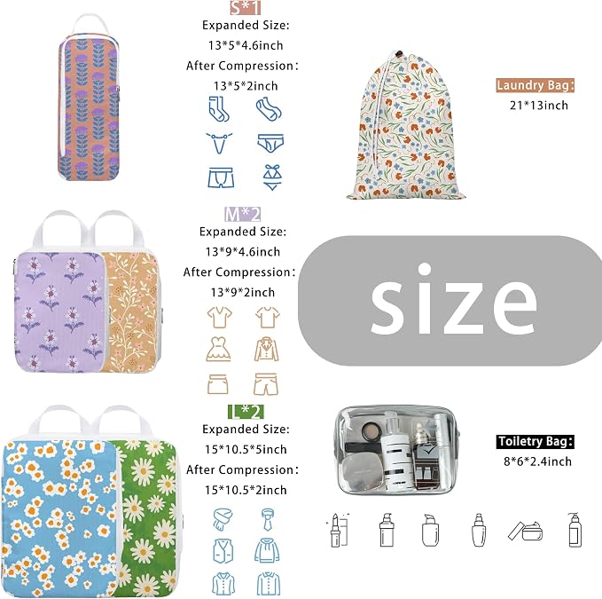 8 Pcs Compression Packing Cubes for Travel, Lightweight Waterproof Luggage Organizer Bags Set, Washable Packaging Cubes for Women Backpack Carry-On Suitcases - Image 3
