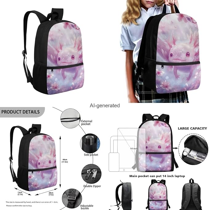 Axolotl Set of 4 Backpack for Girls 17 Inch Kids School Bag with Lunch Box Pencil Bag Water Bottle Girl Age 10-12 Portable Waterproof Bookbag for Students - Image 3