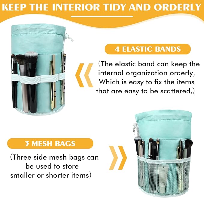 INVODA Drawstring Makeup Bag for Women Cosmetic Bag Large Travel Make up Bags Portable Barrel Toiletry Bag Toiletries Pouch Travel Cosmetic Organizer (Green) - Image 3