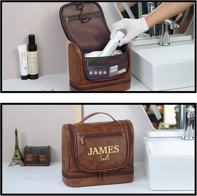 Personalized Leather Toiletry Bag, Brown, Three Layer Structure, Waterproof, Customizable Name Engraving, Travel Organizer for Men, Multi-Occasion Gift (UK1006) - Image 6