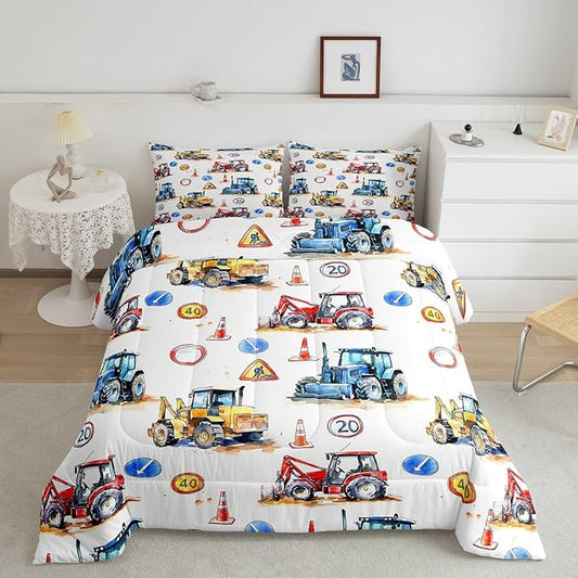 Erosebridal Boys Tractor Comforter Set Full, Kids Construction Excavator Down Comforter Equipment Truck Duvet Sets for Boys Girls Children, Heavy Vehicle Crane Bedding Set with 2 Pillow Cases by Erosebridal