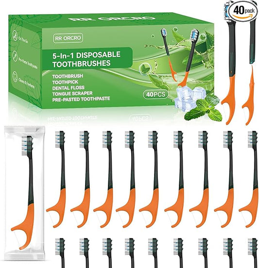 40Pack Disposable Toothbrush with Pre-Pasted Toothpaste 5-in-1 Mini Travel Toothbrush Deep Clean with Toothpick, Flosser, Tongue Scraper for Superior Oral Hygiene, Individually Wrapped