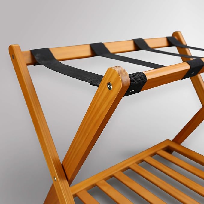 Casual Home Foldable Solid Wood Fully-Assembled Luggage Rack, 26.75"Wide with Shelf, Honey Oak - Image 8