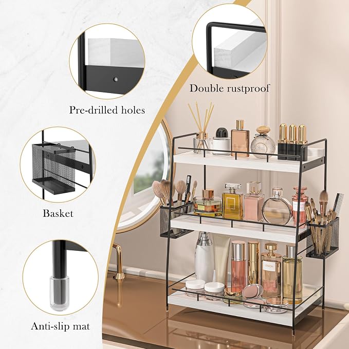 Bathroom Counter Organizer,Bathroom Countertop Organizer with Baskets,Vanity Organizers,Counter Shelf,Countertop Storage, Makeup Organizers(White) - Image 5