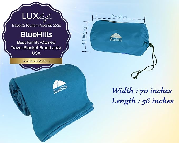 BlueHills Ultra Compact Travel Blanket Pillow 2 Pack Airplane Peacock Teal | Travel Set Blanket/Pillows, Matching Bag/Pillowcase, Luggage Belt & Backpack Clip, Compact & Packable, Traveling Essentials - Image 5
