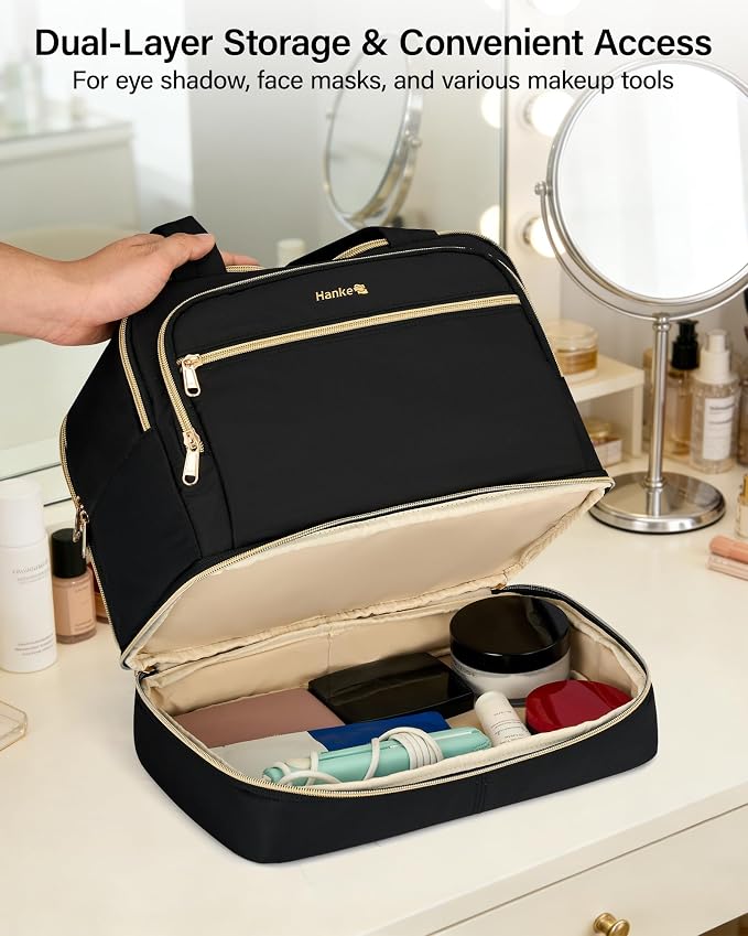 Hanke Travel Toiletry Bag, Lightweight Wide-open Large Toiletry Bags for Women, Dual-Layer Makeup Bag Water-Resistant Cosmetic Travel Bag with Handle for Accessories, Essentials, Black - Image 3