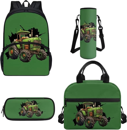 Farm Tractor Backpack for Kids Cartoon Tractor School Bag Set with Large Pencil Holder Pouch Crossbody Water Bottle Holder Bag Insulated Lunch Box Student Back to School Gift by FUIBENG