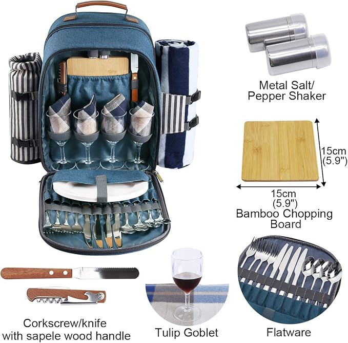 Sunflora Picnic Backpack for 4 Person Set Pack with Insulated Waterproof Pouch for Family Outdoor Camping(Blue & Stripe) - Image 2