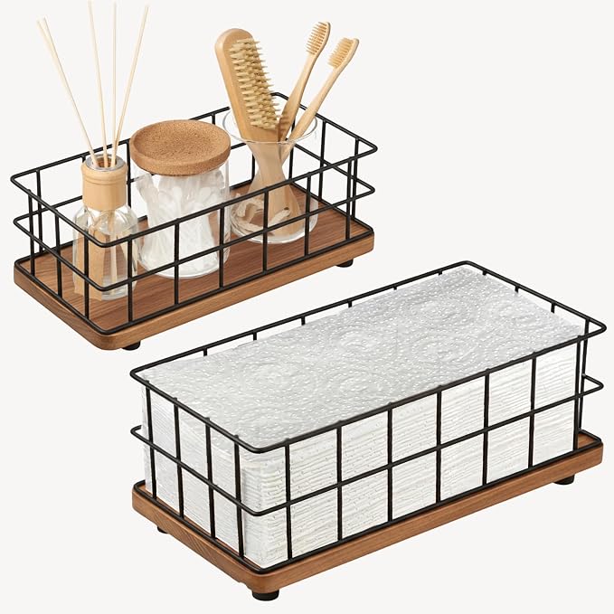 BAOBAB WORKSHOP Wooden Bathroom Basket Organizer & Storage, Toilet Paper Basket for Back of Toilet Tank Topper Tray, Paper Holder Basket for Bathroom Decor Box with Liners, Solid Wood & Wire, Set of 2 - Image 9