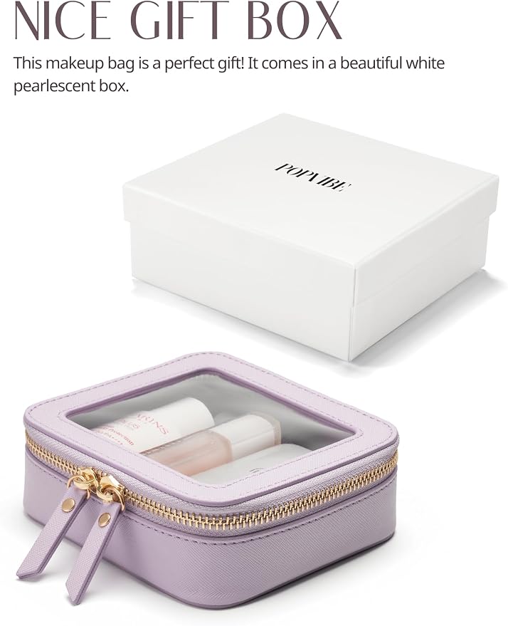 Small Cosmetic Bag for Purse Mini Makeup Bag for School Cute Clear Make Up Pouch for Travel Tiny Leather Purple Make Up Organizer Case for Backpack Toiletry Bag Waterproof Square Pouch with Zipper - Image 7