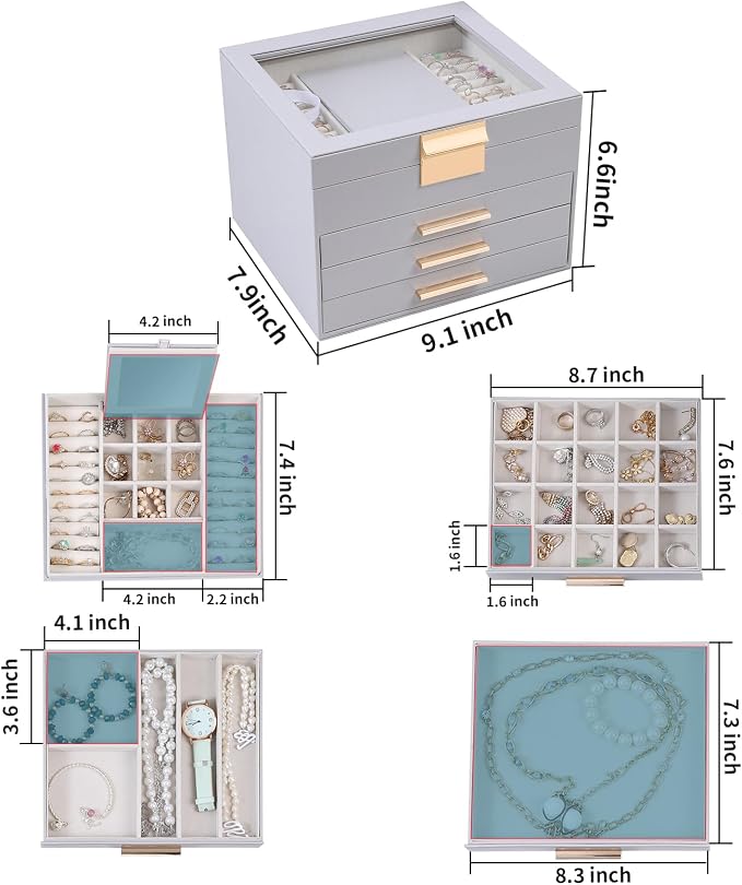 BOOVO Clear Lid Jewelry Box,3 Layers Jewelry Organizer Large Jewelry Storage Box with 2 Drawers,Jewelry Holder Organzier of Rings Earrings Necklace Bracelets for Women (Grey, 4 Layer) - Image 4