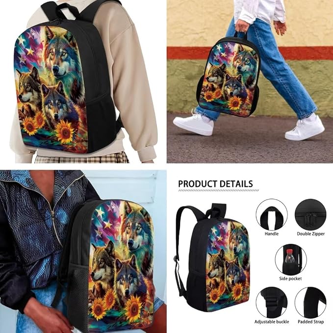 Mumeson Wolf American Flag Backpacks Set 3 Pack Big Capacity Bookbag Schoolbags Rucksack with Lightweight Insulated Lunch Bag Mini Pencil Case,Lightweight Backpack Set for Kids Student - Image 4