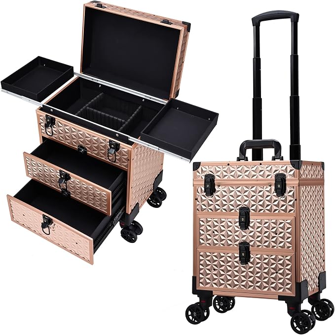 FRENESSA Professional Rolling Makeup Case Aluminum Trolley Train Case with Swivel Wheels for Makuep Artist Travel Cosmetic Organizer with Sliding Drawers for Nail Tech Hairstylist Barber Rose Gold by Frenessa