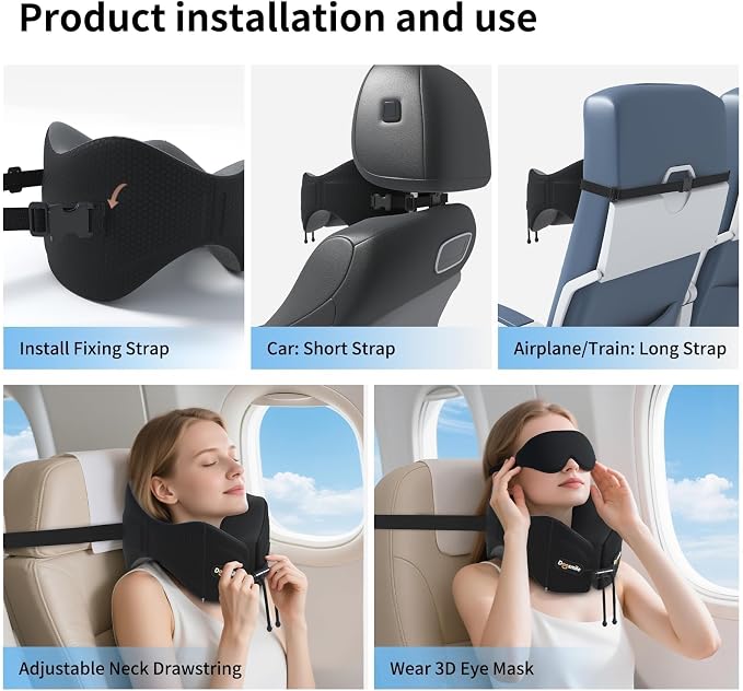 Patented Head-Bobble-preventing Ergonomic 360° Supporting Golden Formula Memory Foam Travel Neck Pillow w/3D Contoured Eye Mask Set Long Trip Sleeping Essentials for Airplane Flight Car Bus - Image 4