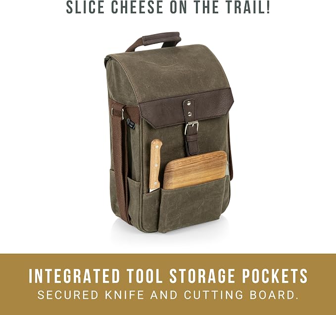 PICNIC TIME 2 Bottle Insulated Wine Bag with Cheese Board and Knife Set - Wine Picnic Bag - Distressed Waxed Canvas Wine Tote, (Khaki Green with Brown Accents) - Image 5