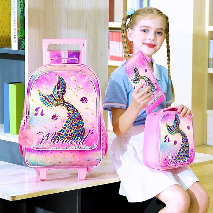HPJGD 3PCS Mermaid Rolling Backpack for Girls, Kids School Backpacks with Wheels, Water Resistant UV Printed Roller Wheeled Bookbag Set with Lunch Box - Image 8