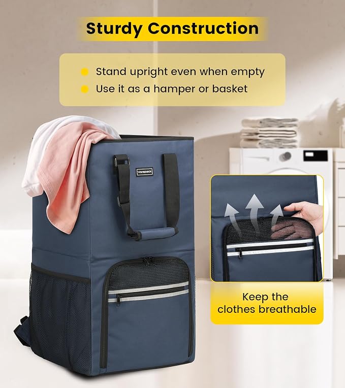 Vorspack Laundry Bag Backpack - Extra Large Laundry Bags with Shoulder Straps Heavy-duty 2 in 1 Laundry Hamper Basket for College Dorm Camp Laundromat Room Essentials - Blue - Image 4