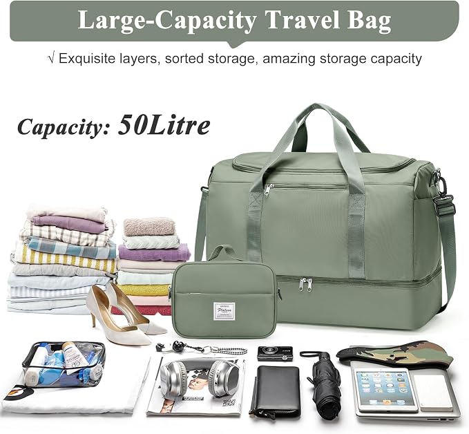 Large Travel Duffle Bag,Carry on Overnight Weekend Bag with Shoes Compartment,Weekender Bags for Women for Travel Business Trips Sport Hospital,2Pcs,Olive Green - Image 3