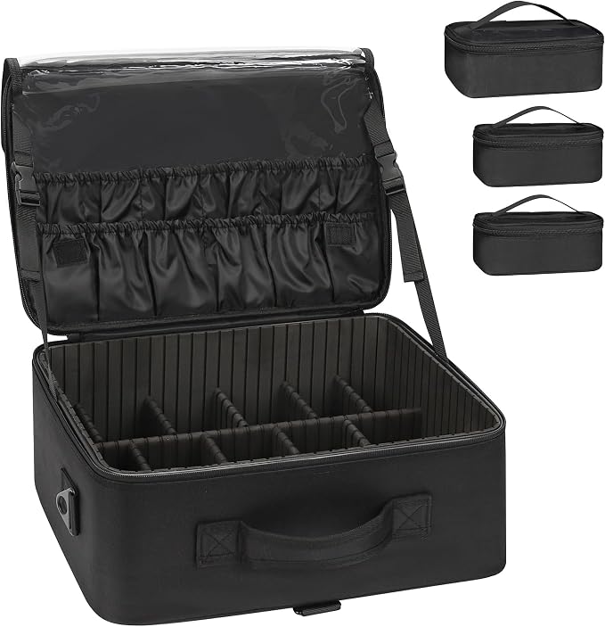 Relavel Large Makeup Case Professional Cosmetic Storage Organizer Box Brush Holder with 3 Clear Set Bags and Adjustable Dividers for Makeup Artists with Shoulder Strap by Relavel