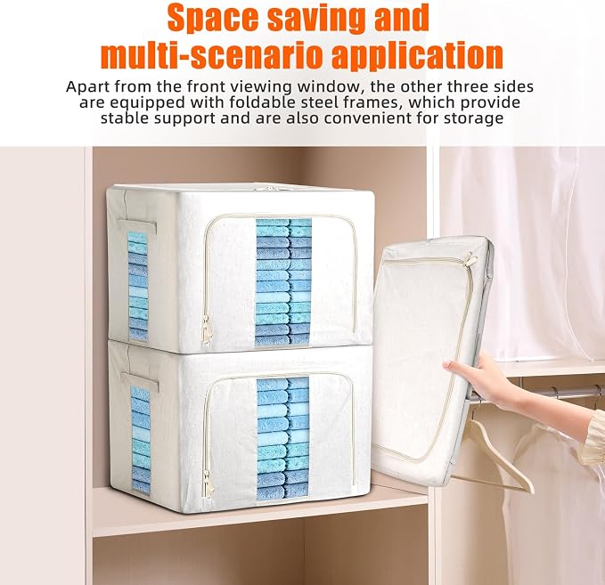 Foldable Clothes Storage Bins with Solid core powder-coated steel fram, 24/ 66L Storage Bags Fabric Box Organizer with Clear Window Zippers Sturdy Handles 2 Pack (Beige, 66L 1Pack) - Image 7