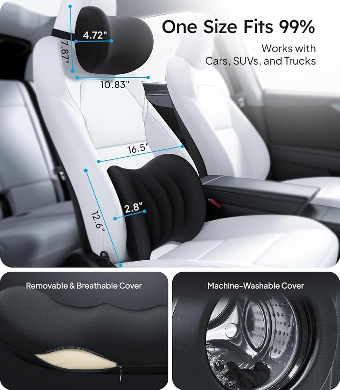 Wigoo Car Neck Pillow and Lumbar Support Pillow for Car Set, Black | Extra Strap| Ergonomic| Universal Fit - Image 8