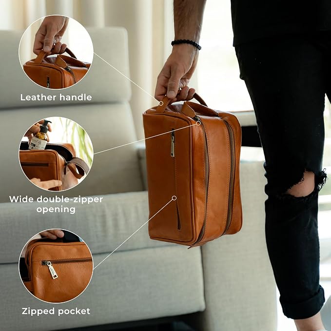 BERLINER BAGS Vintage Genuine Leather Toiletry Bag Tim XL, Large Capacity Cosmetics Bag for Men and Women for Travel, Gift for Dad - Brown - Image 5