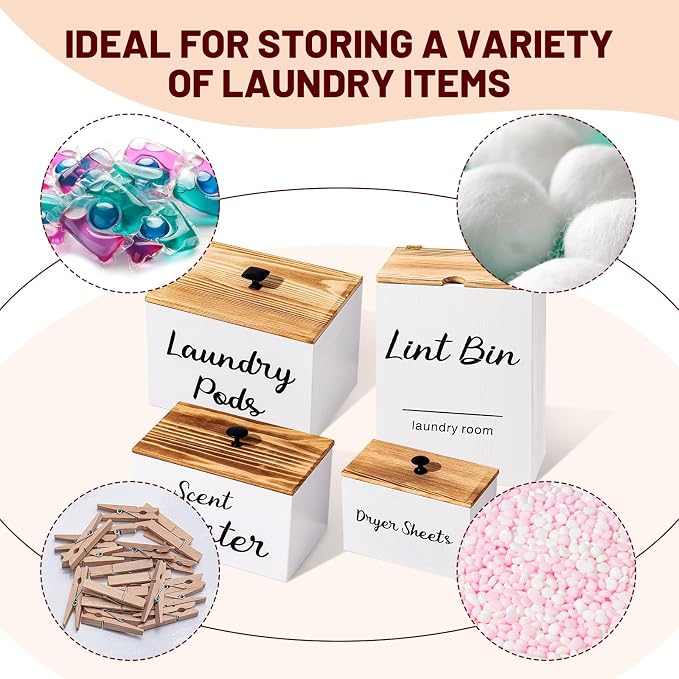 Dandat 4 Pcs Magnetic Laundry Pod Holder Laundry Room Container Set, Lint Bin with Scoop and Brush Dryer Sheet Holder, Scent Booster Container Rustic Gift Wood Farmhouse Room Decorcontainer(White) - Image 5