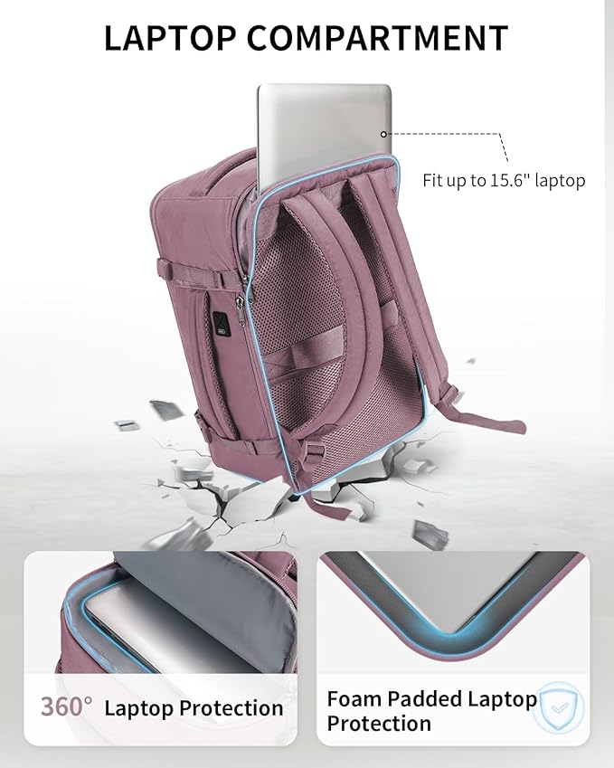 ECOHUB Travel Backpack for Women, Carry on Backpack with USB Charging Hole, Spirit Airlines Personal Item Bag Flight Approved, 15.6 Inch Laptop Backpack with Anti Theft Pockets, 30L, Pink - Image 3