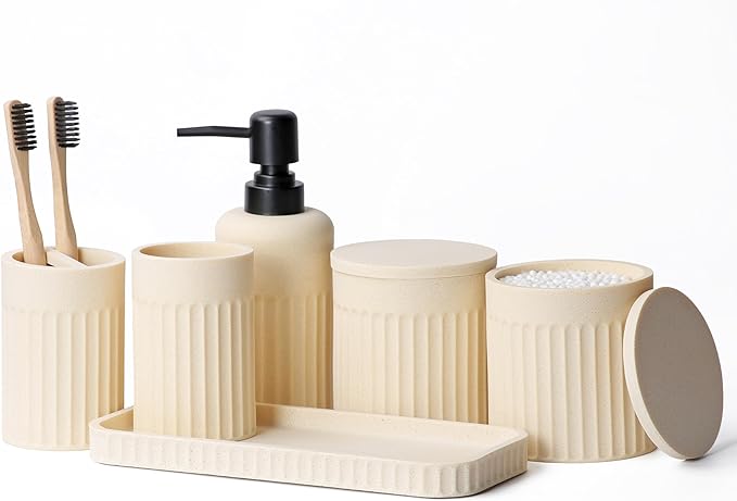 INIUNIK Bathroom Accessory Set - 6 Pieces Bathroom Accessories Set Complete with Soap Dispenser, Toothbrush Holders, Tumbler, Vanity Tray and 2 Qtip Holder for Home Organizer and Decor, Beige by INIUNIK