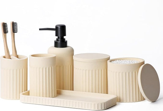 INIUNIK Bathroom Accessory Set - 6 Pieces Bathroom Accessories Set Complete with Soap Dispenser, Toothbrush Holders, Tumbler, Vanity Tray and 2 Qtip Holder for Home Organizer and Decor, Beige by INIUNIK