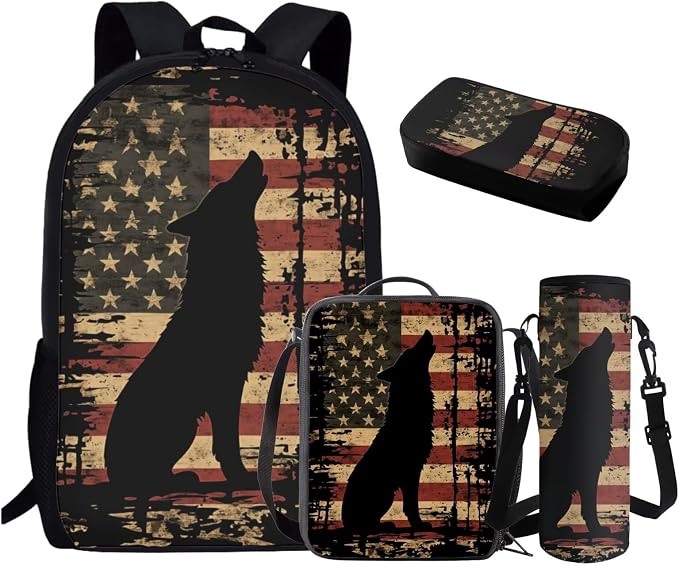 GIFTPUZZ 17 Inch Wolf American Flag Backpack Set Boys 8-10 | Polyester, Ergonomic Straps, 4 Piece, Lunch Box, School Backpack for Students by GIFTPUZZ