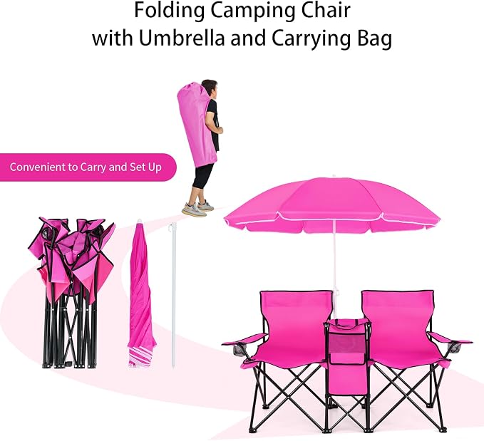 Goplus Double Camping Chair with Umbrella, Folding Loveseat Chairs w/Canopy Shade, Carrying Bag, Table, Cup Holder, Portable Beach Chairs Outdoor Picnic Patio (Pink) - Image 6