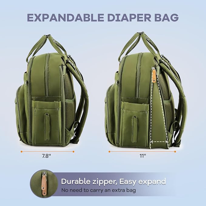 RUVALINO Diaper Bag Backpack-Expandable Baby Bag with up to 50% Capacity -Baby Essentials Bag with Changing Pad Insulated Bottle Holders & Pacifier Case, Waterproof, Army Green XL - Image 2