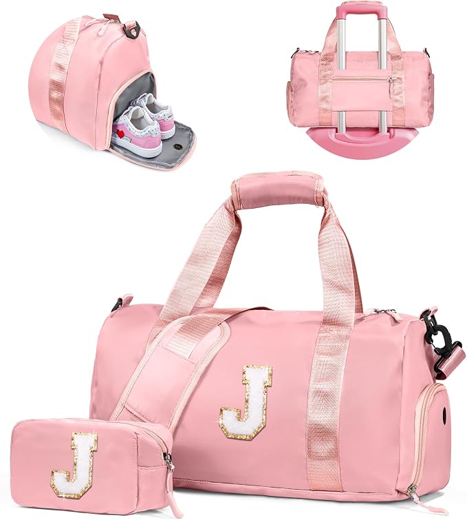 Gifts for Niece-Girl Gym Bag with Shoe Compartment, Kid Personalized Weekender Overnight Bags, Initial Travel Tote with Makeup Pouch, Birthday Gift for Sister Granddaughter (Letter J) by Vogewood