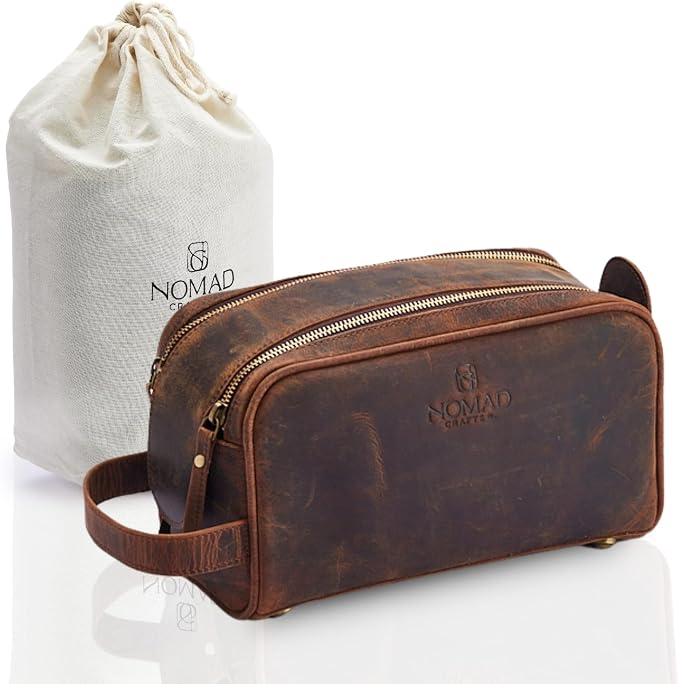 King Size Premium Leather Travel Toiletry Bag for Men and Women - Water-Resistant Dopp Kit - Mens Bathroom Bag, Shaving & Cosmetic Organizer - Toiletry Bag, Travel Bag Leather, Unisex Use by NomadCraftsCo