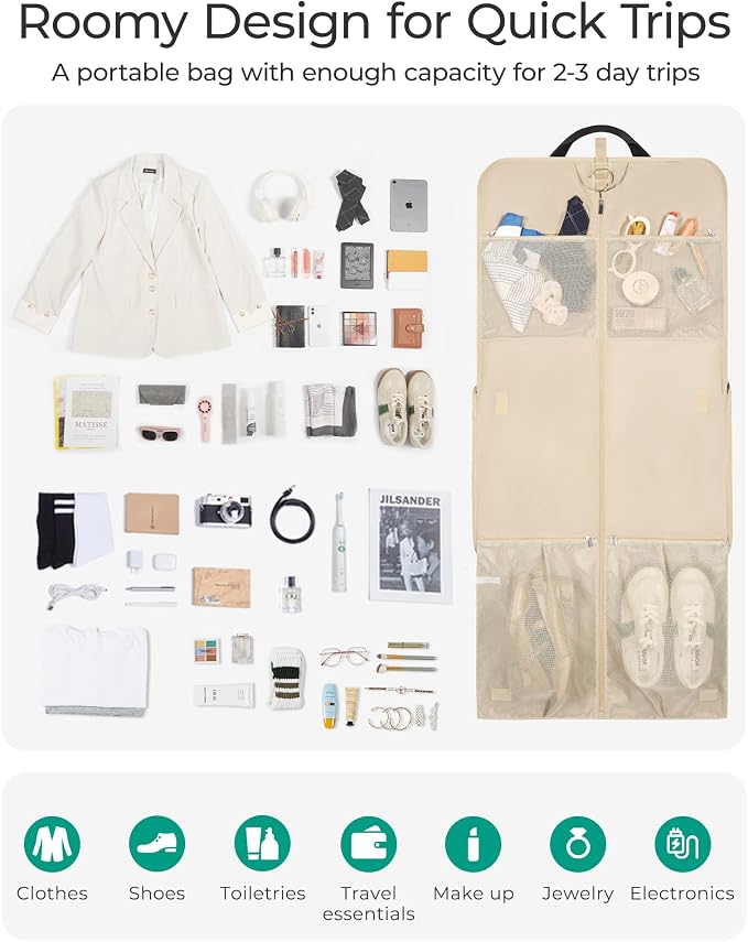 BAGSMART Large Carry-on Garment Bag for Suits Shirts Dresses Coats, Beige | Carry on, For Hanging Clothes, For Shirts Dresses Coats - Image 2