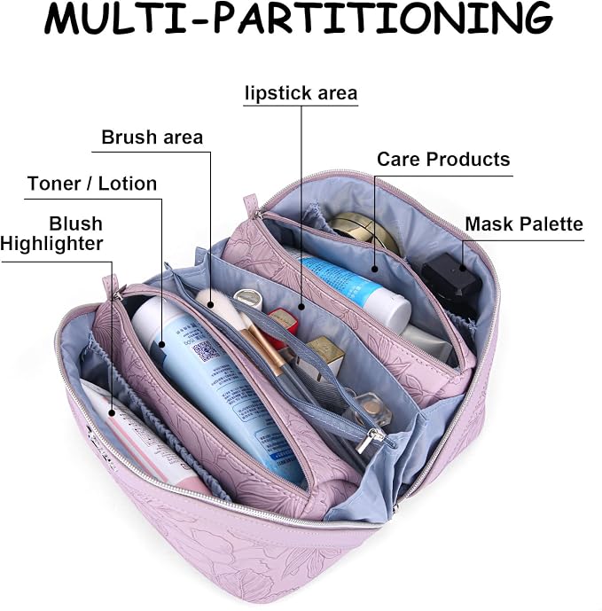 BOYATU Travel Makeup Bags Cosmetic Organizer Bag: 3-Set Large Capacity Make up Bag - PU Leather Toiletry Bags for Women - Wide Open Portable Pouch with Divider & Handle (01-Z-Light Purple) - Image 6
