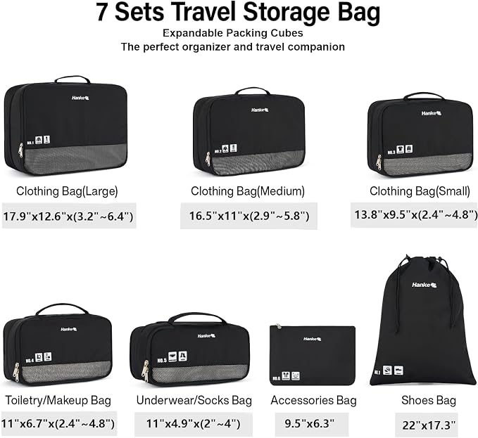 Hanke 7 Piece Expandable Compression Packing Cubes, Premium Travel Packing Organizers for Suitcases/Carry On, Luggage Organizer Bags with Breathable Mesh & Label - Image 2
