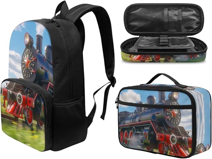 Train Backpack for Boys 6-8 3-5 4-6 with Lunch Box and Pencil Case Kindergarten Elementary School Backpack 3 Piece Kids School Book Bag Set Large Capacity Travel Camping Rucksack - Image 2
