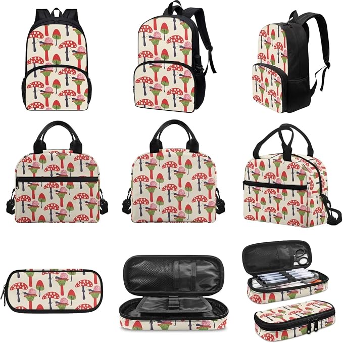 Beige Red Mushroom Backpack with Lunch Box and Pencil Case Girls Comfy Padded Cute School Backpack Set of 3 Bookbag for Student Lightweight Large Capacity Daypack - Image 3